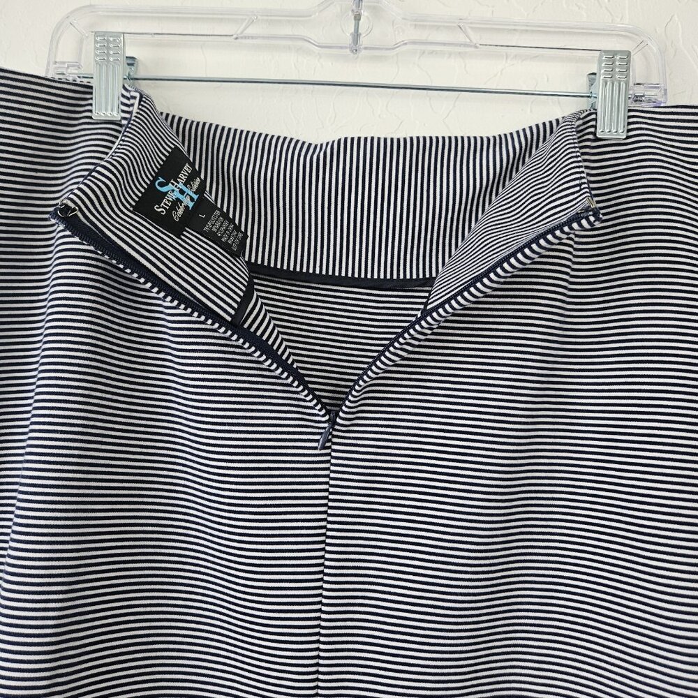 Women's Navy Stripe Overlap Stretch Skirt Sz Large Nautical Career Office Siren - Picture 7 of 13